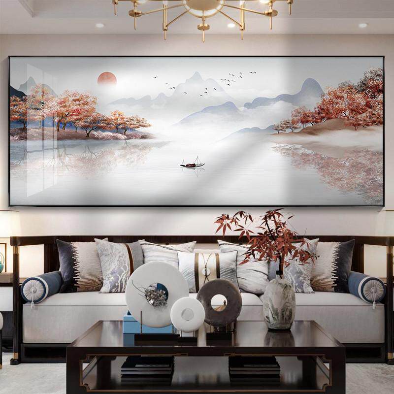 现代水墨画挂画新客厅沙发中式山水画墙壁画一背景装饰整幅画大气