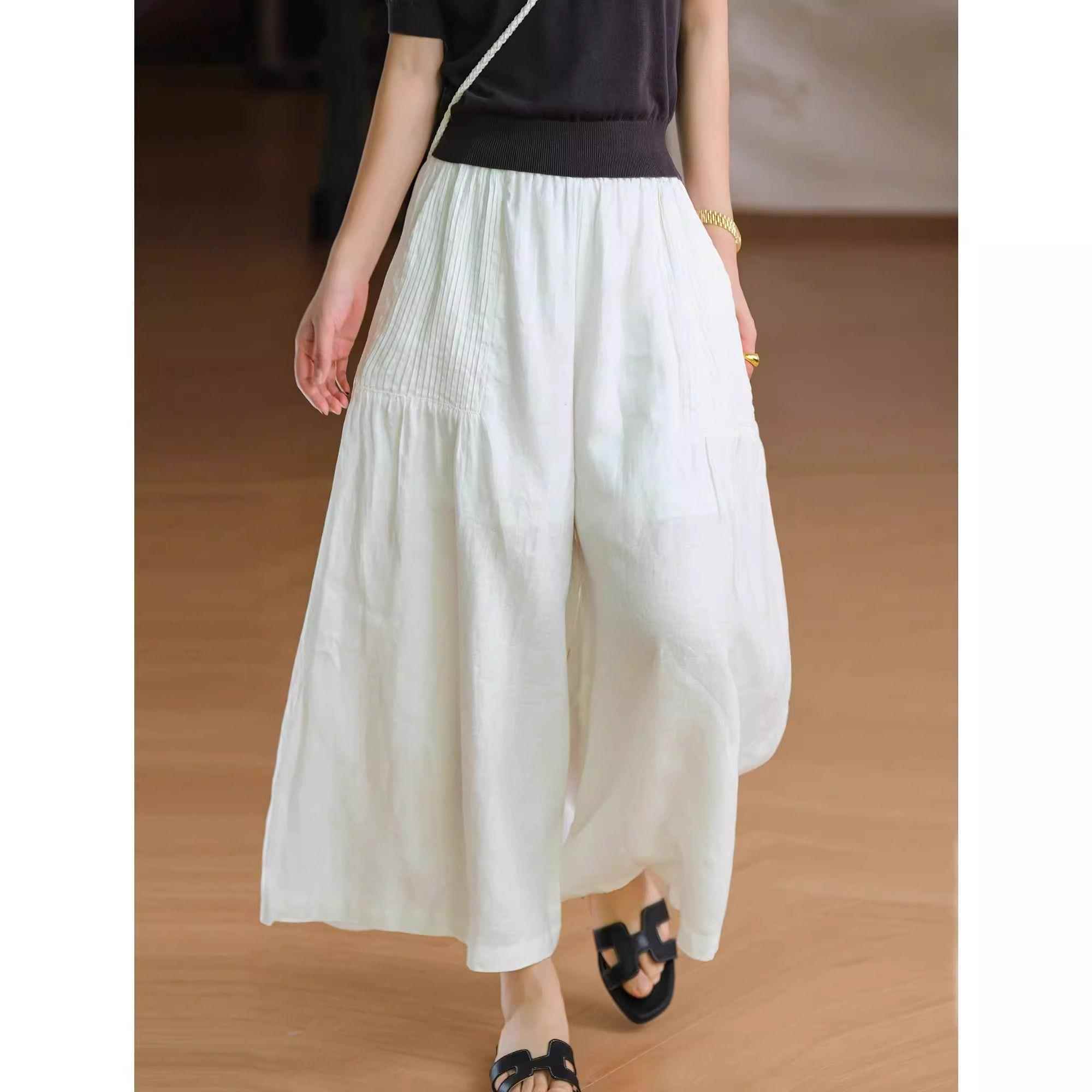 日系文艺口袋塔克褶阔腿裤女夏季新款高腰宽松百搭九分休闲裤女