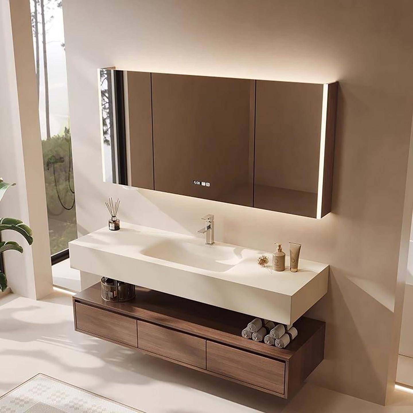 2025新款胡桃木陶瓷浴室柜组合岩板热弯一体式洗手盆洗漱台池定制,家装主材,浴室柜组合,淘宝优惠券,粉丝福利购,淘宝优惠卷