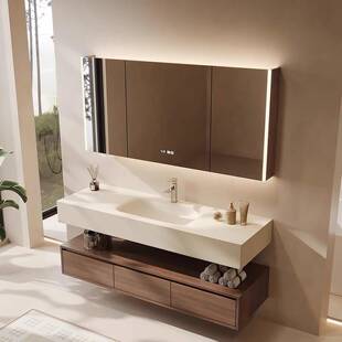 2025新款胡桃木陶瓷浴室柜组合岩板热弯一体式洗手盆洗漱台池定制