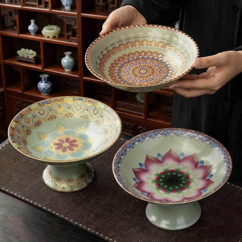 中式陶瓷莲花高脚盘子供盘糕点摆盘点心零食水果盘高端精致高颜值