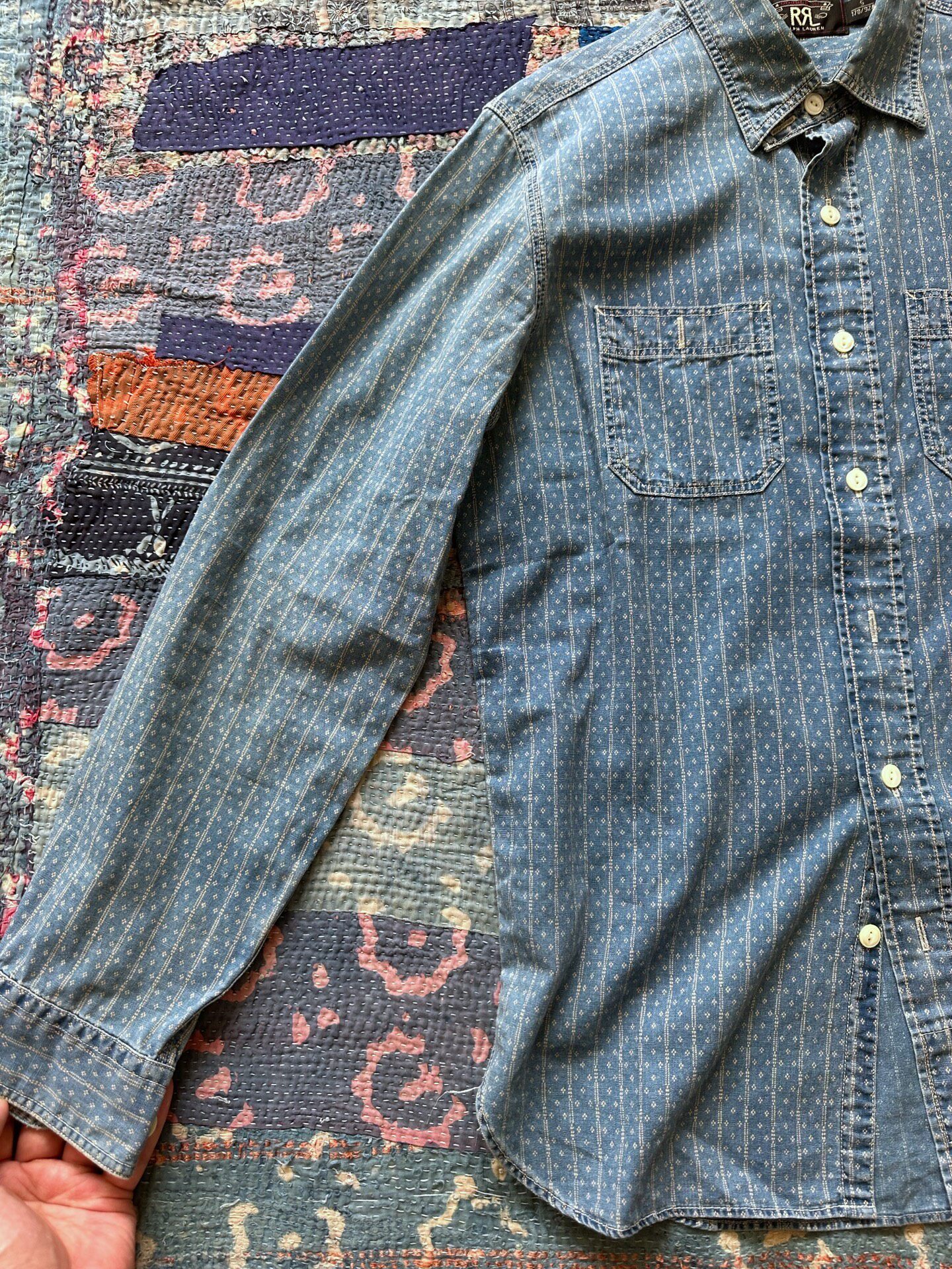 RRL Indigo Washed Distressed Striped Shirt — label