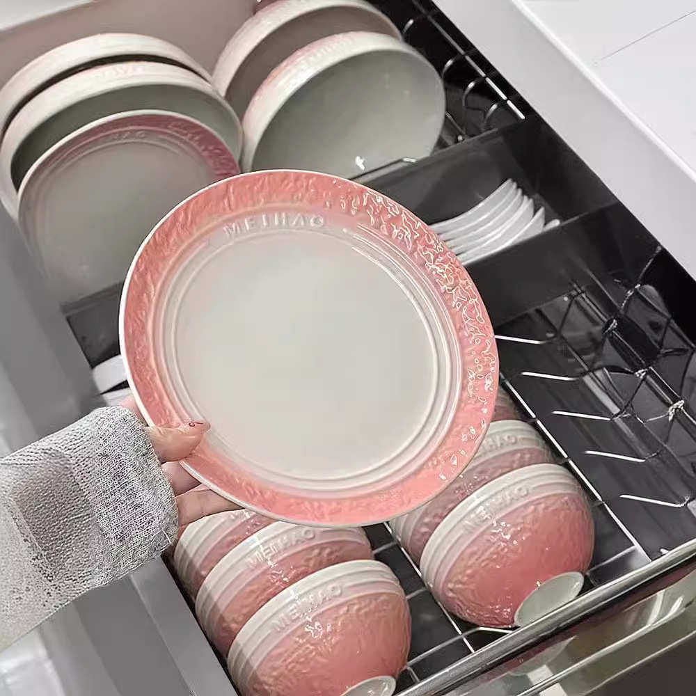 新款渐变粉碗具家用套装高颜值陶瓷碗碟法式浮雕餐具面碗盘子组合,餐饮具,碗,淘宝优惠券,粉丝福利购,淘宝优惠卷