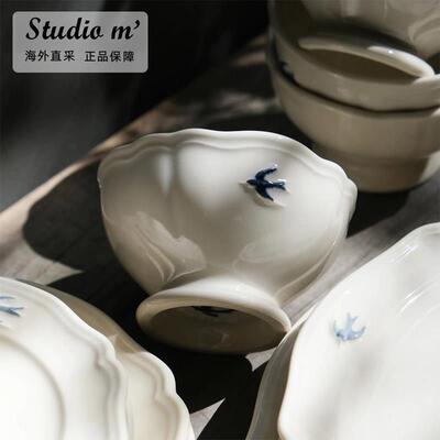 日本Studio M人气燕子陶瓷餐具日式覆古浮雕花边甜品碗餐盘盘子