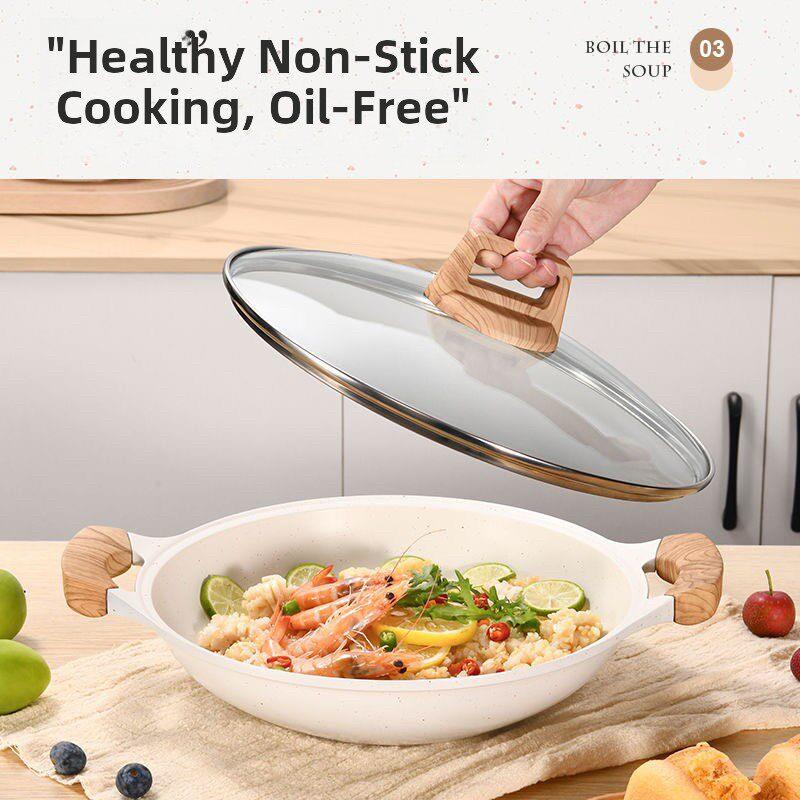 麦饭石炒锅家用不粘锅双耳蒸煮面锅商用燃气电磁炉专用火锅焖炒锅