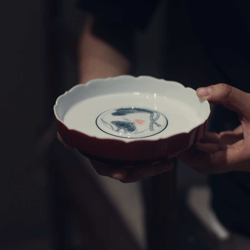 宋青书院绛红莲花壶承手绘荷花干泡盘高脚果盘中式红色托盘茶点盘