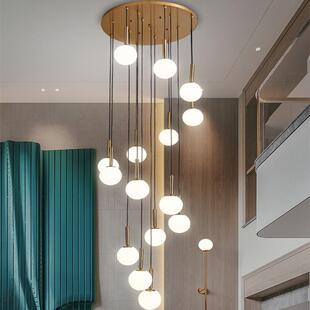 新款 楼中楼吊灯简约北欧客厅灯玻璃魔豆别墅旋转楼梯灯长吊灯 复式