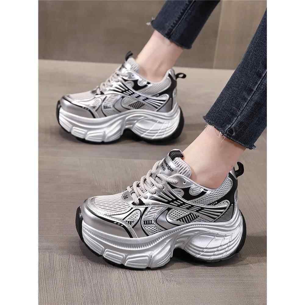 韩国厚底内增高老爹鞋女款真皮2025秋季新款8cm银色休闲运动鞋