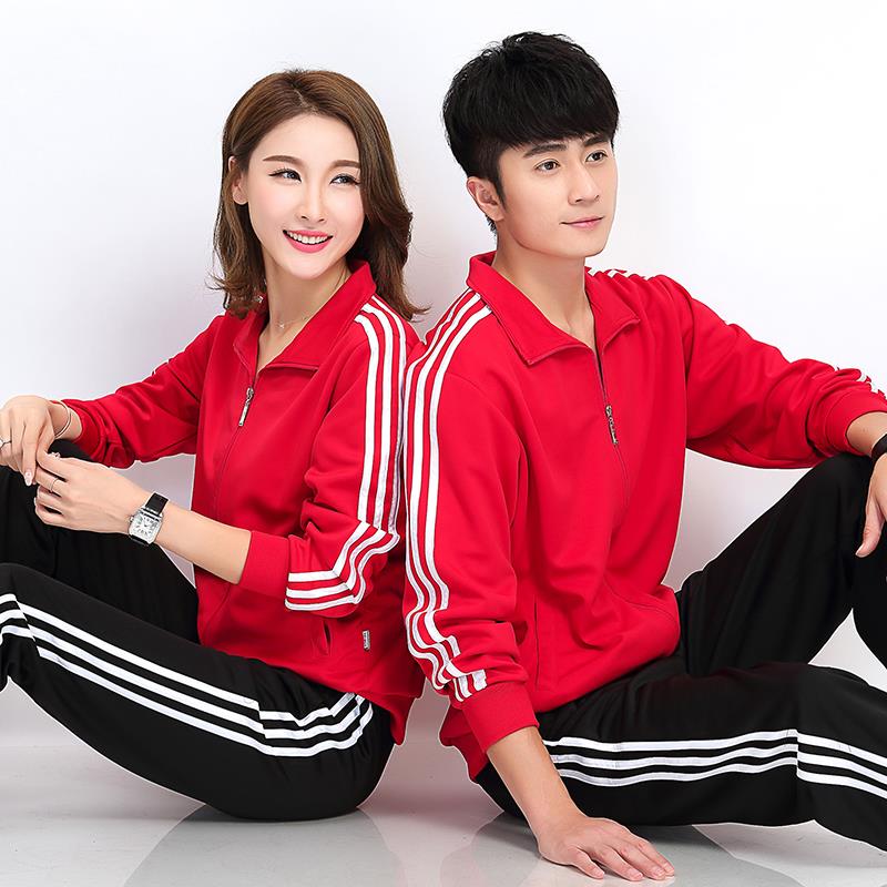 新款春秋三条杠运动服套装女长袖休闲大红色男佳木斯广场舞运动表