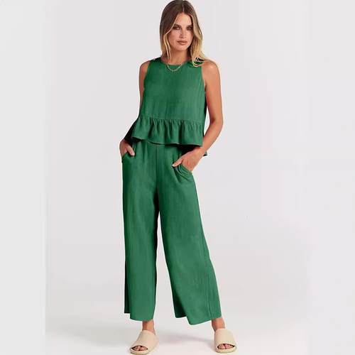 Womens Sleeveless Pleated Vest Wide Leg Cropped Pants