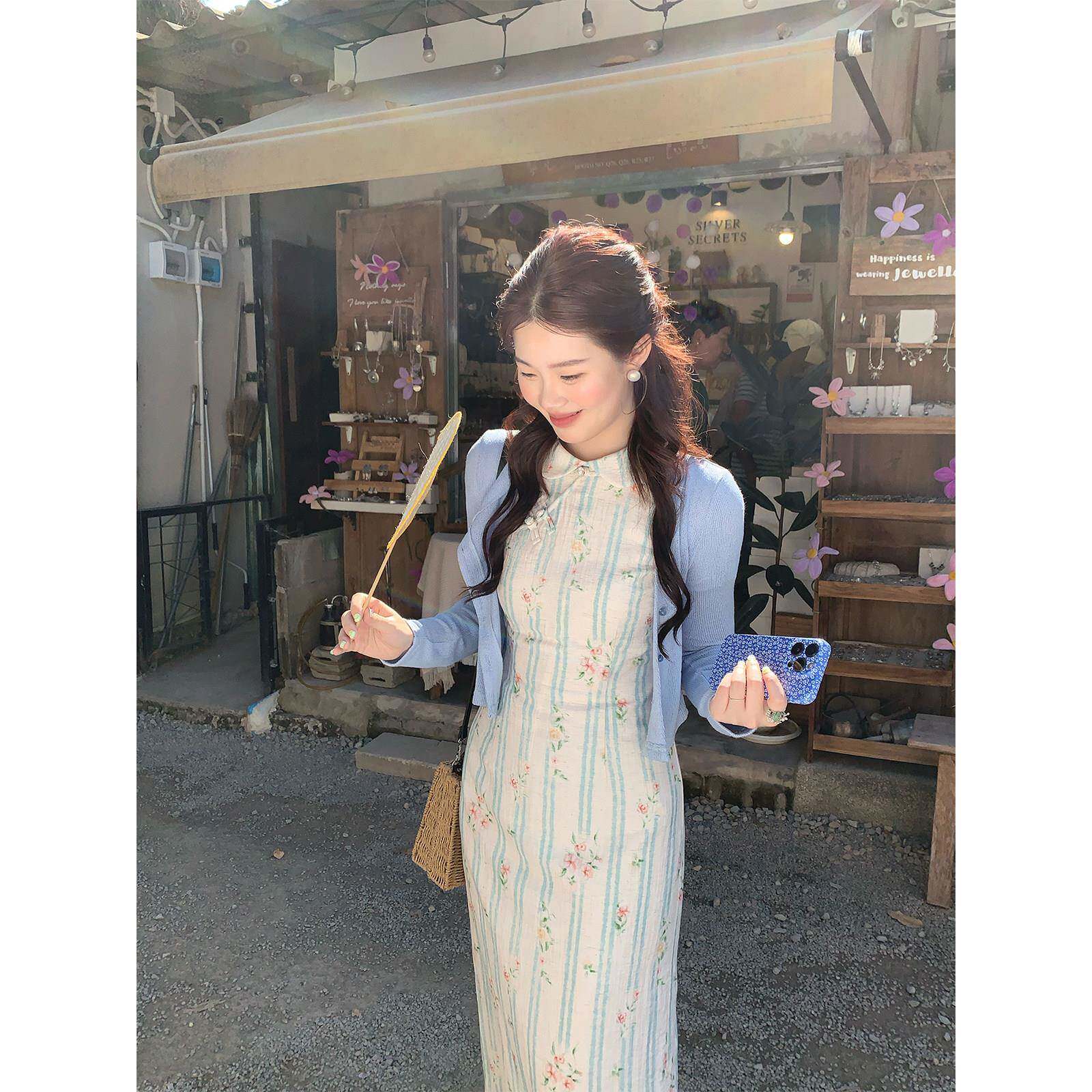 火火火【砚池荷风】新中式改良旗袍女翻领盘扣碎花夏季短袖连衣裙