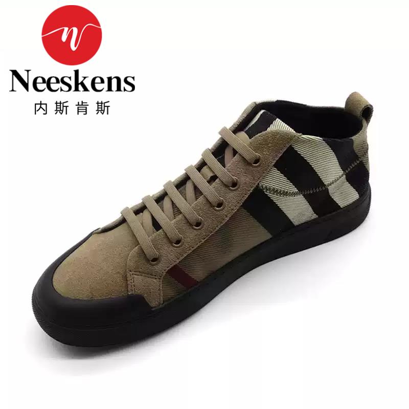 Neeskens真皮男鞋新款潮流高筒鞋时尚系带拼接真皮板鞋百搭休闲鞋