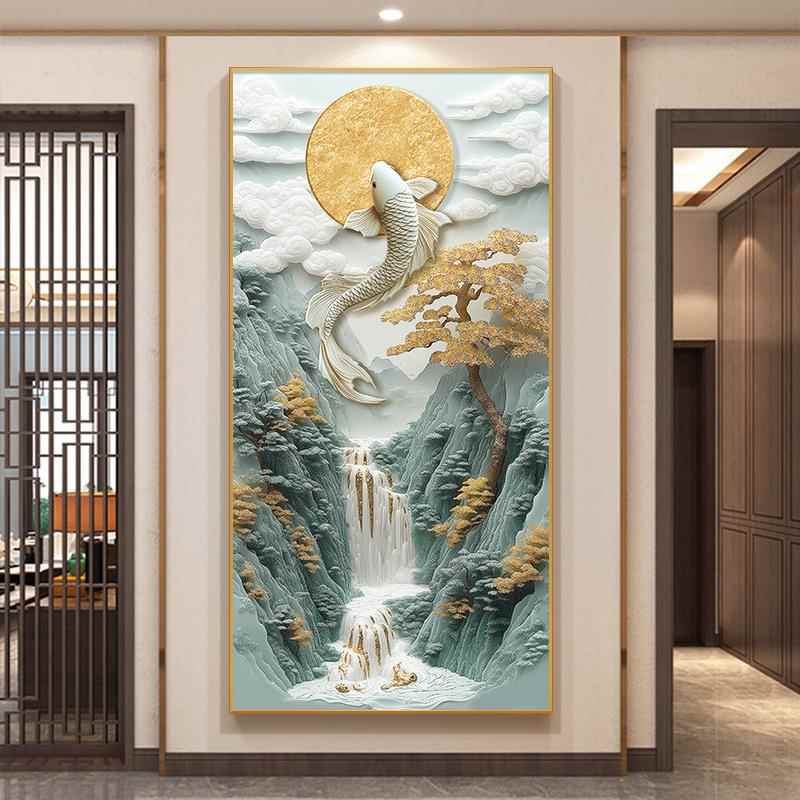 流水生财玄关装饰画 画锦鲤鱼跃龙门入户挂画 画浮雕立体感山水走