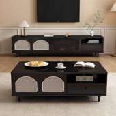 实木中古风茶几电视柜组合客厅家用藤编小户收纳落地式 储物柜 爆款