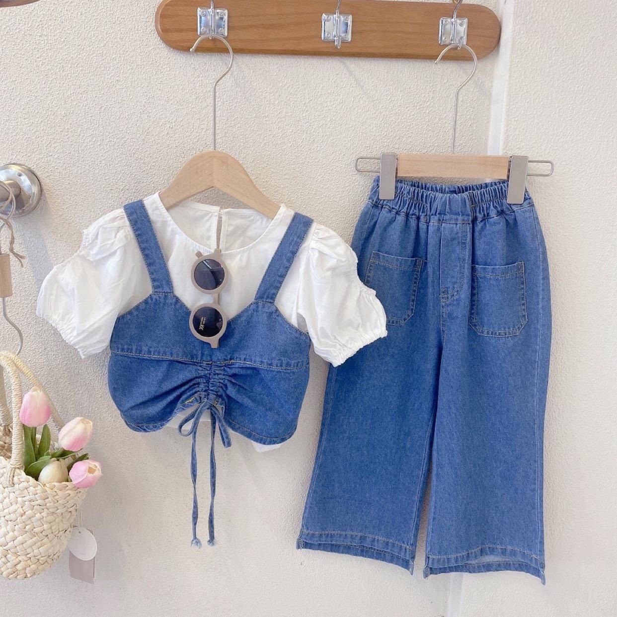 Ancorelala童装夏季新款女童牛仔套装衬衣加吊带阔腿裤三件套