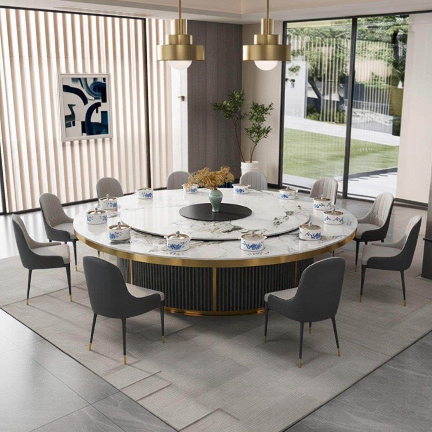 酒店电动餐桌转盘岩板大圆桌饭店包厢轻奢15人20人宴会桌火锅桌