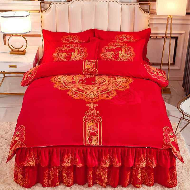 正品新结婚庆喜大红庆床裙款四件套嫁陪送礼用双人加厚纯棉磨毛床,床上用品,婚庆床品套件,淘宝优惠券,粉丝福利购,淘宝优惠卷
