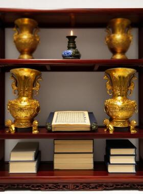 复古纯铜鎏金狮腿兽面纹花瓶摆件一对 黄铜工艺品 文创仿古老物件