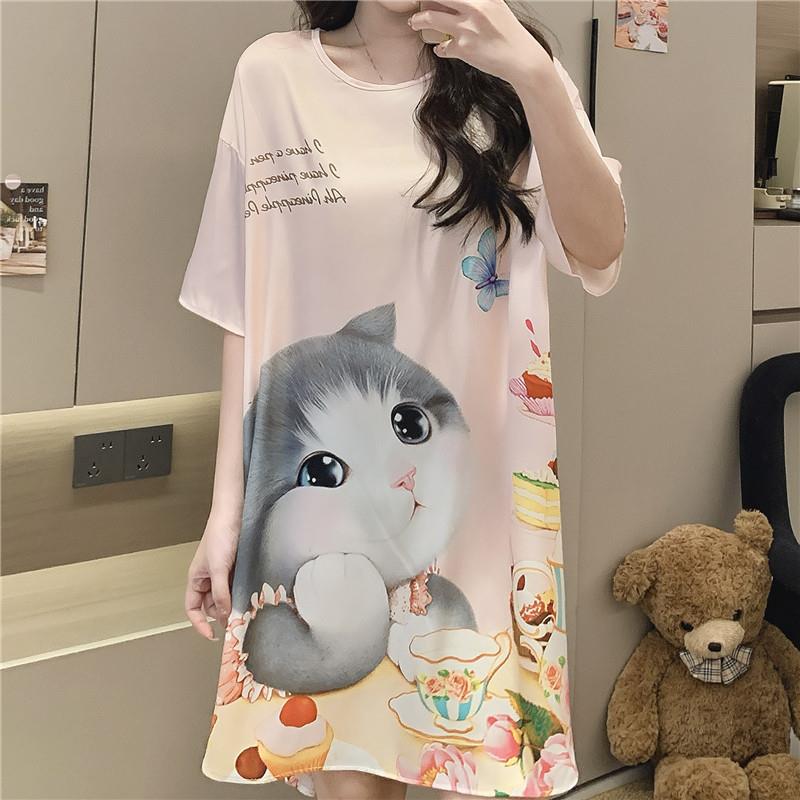 冰丝睡衣女款夏季2026新款大花猫可爱薄款短袖睡裙宽松胖0620k图片