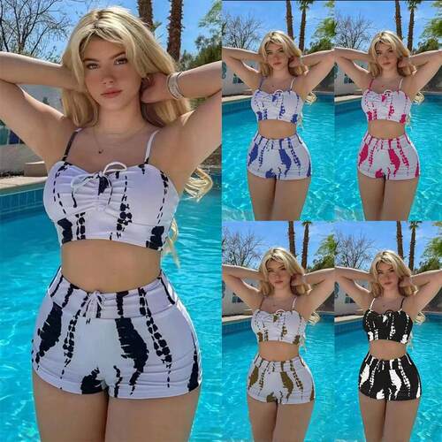 Swimsuit split high waist flat angle lace up printed