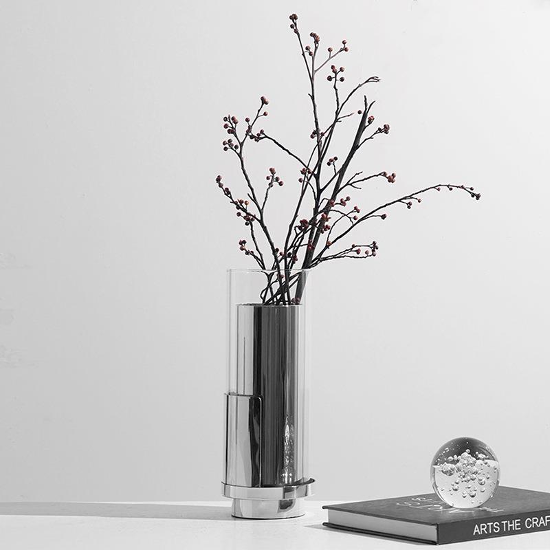 简约现代玻璃花瓶轻奢摆件创意家居花束插花器样板房间金属装饰品