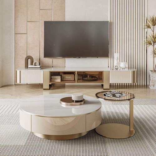 工厂直销茶几组合边几电视柜奶油风岩板茶几大小圆形现代简约家用