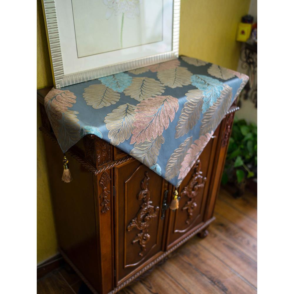 高档新蓝色欧覆古洲布织物蕉叶表旗桌桌布蓝色香叶东南亚风格桌布