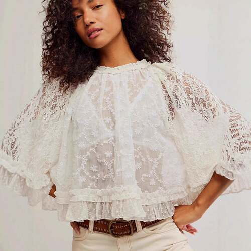Elegant Hixiaohe Women's Lace Blouse - Flowing Loose Cuffs