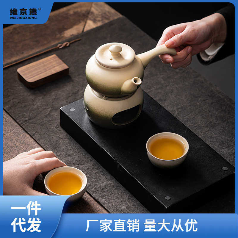 日式粗陶蜡烛暖茶炉陶瓷功夫茶具竹青古陶煮茶壶复古侧把壶+底萍