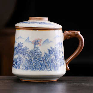 高档双龙米黄汝窑茶水分离泡茶杯家用个人茶杯陶瓷办公杯制作Logo