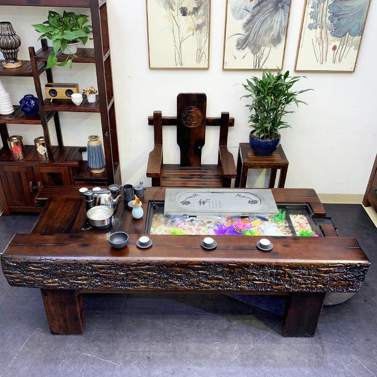 老船木茶桌椅组合循环中流养089鱼水茶台式实木功夫泡茶桌鱼缸茶