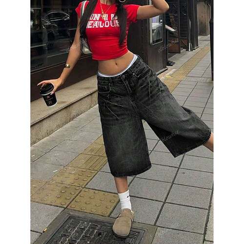 Y2K Vintage Washed Cat Whisker Pocket Wide Leg Bermuda Denim