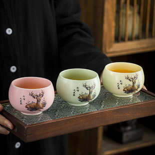 亚光敦煌九色鹿茶杯陶瓷品茗杯茶盏 大号主人杯 汝瓷功夫茶杯