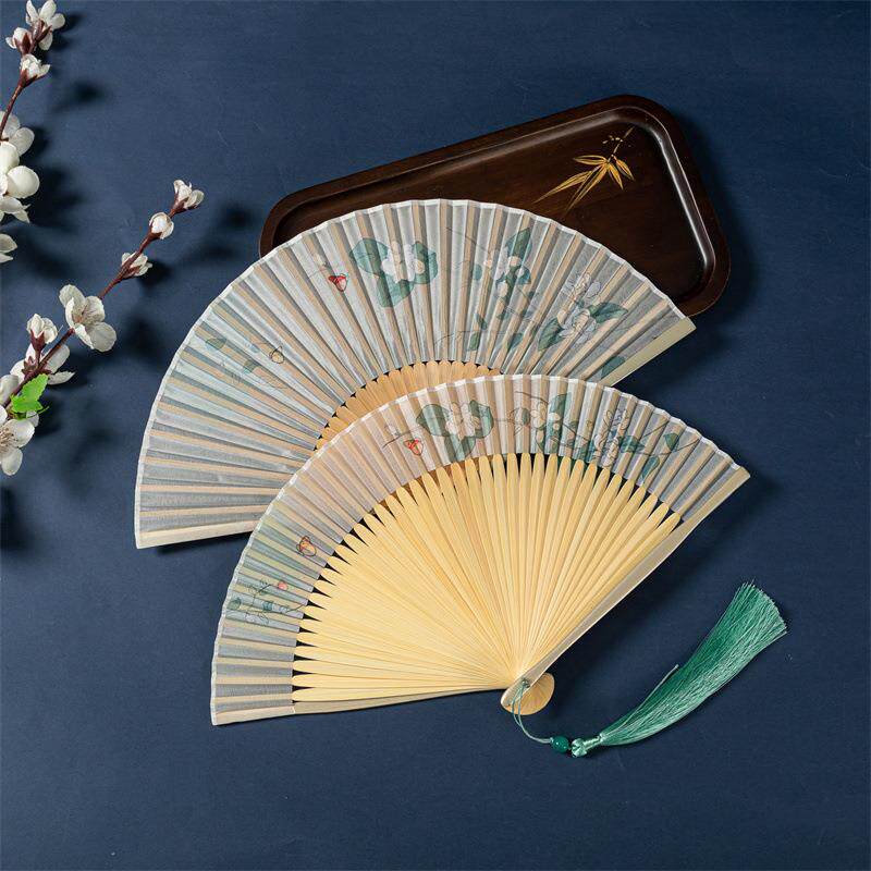 古风窄边丝绸女扇茉莉花折扇亮漆竹骨哑光漆汉服折叠扇子舞蹈扇