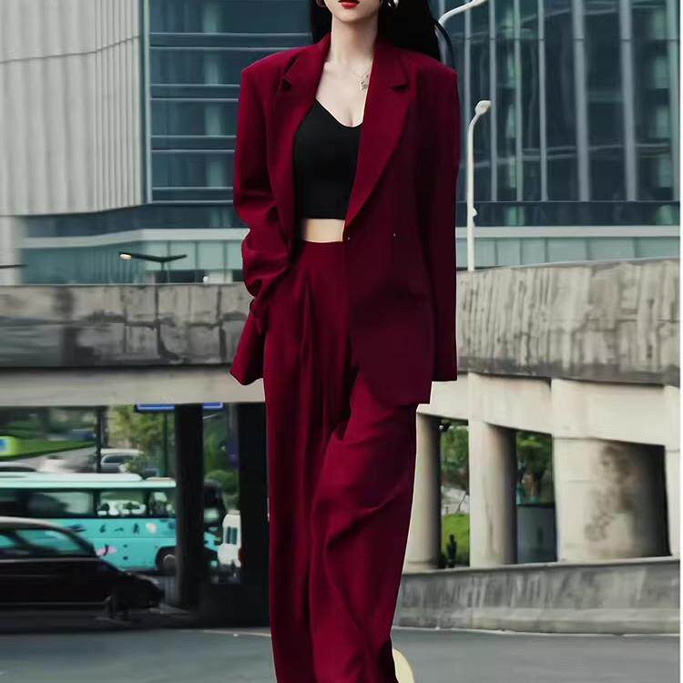 jojosnidel职业通勤休闲百搭西装套装女秋季红色西服外套阔腿裤装
