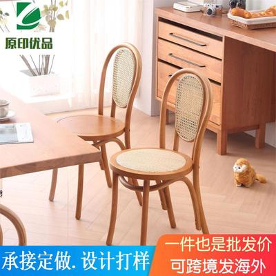美式简约实木餐椅家用藤编靠背椅网红中古藤椅餐厅复古椅子凳子
