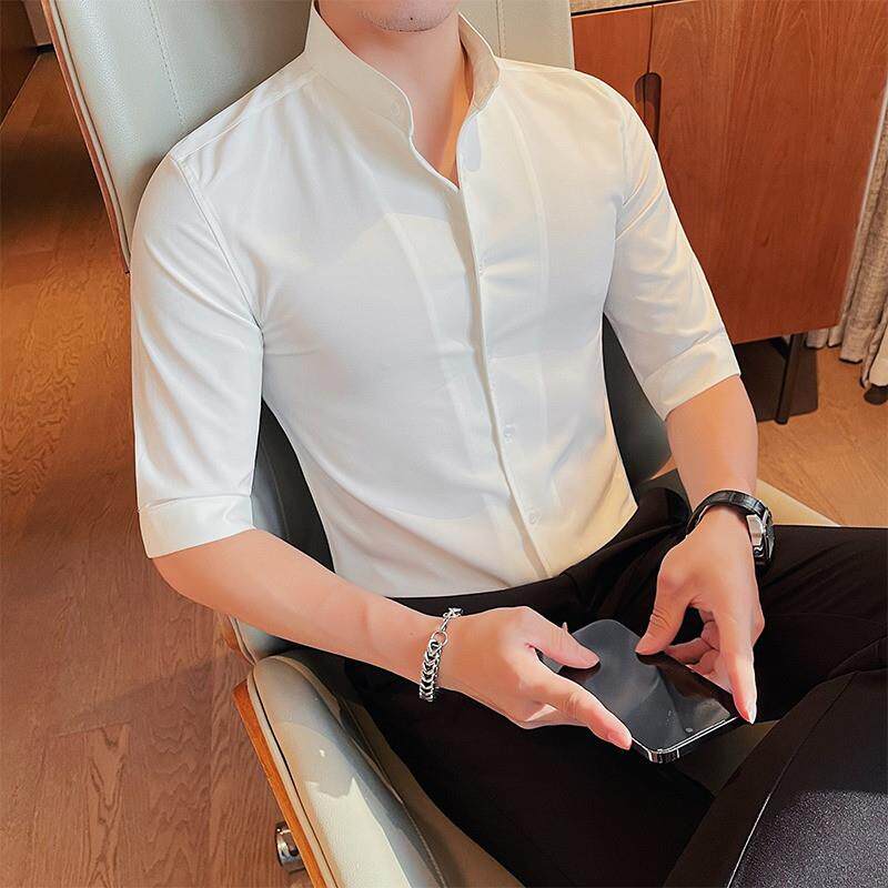 潮牌立领衬衫男士夏季韩版商务修身内搭上衣服潮流痞帅高级感衬衣
