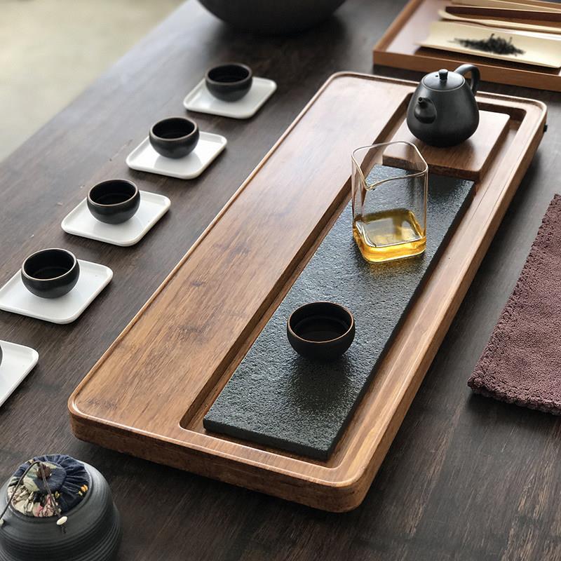 乌金石头茶盘排水简约功夫茶具套组重竹茶台轻奢现代实木家用茶海