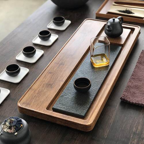乌金石头茶盘排水简约功夫茶具套组重竹茶台轻奢现代实木家用茶海