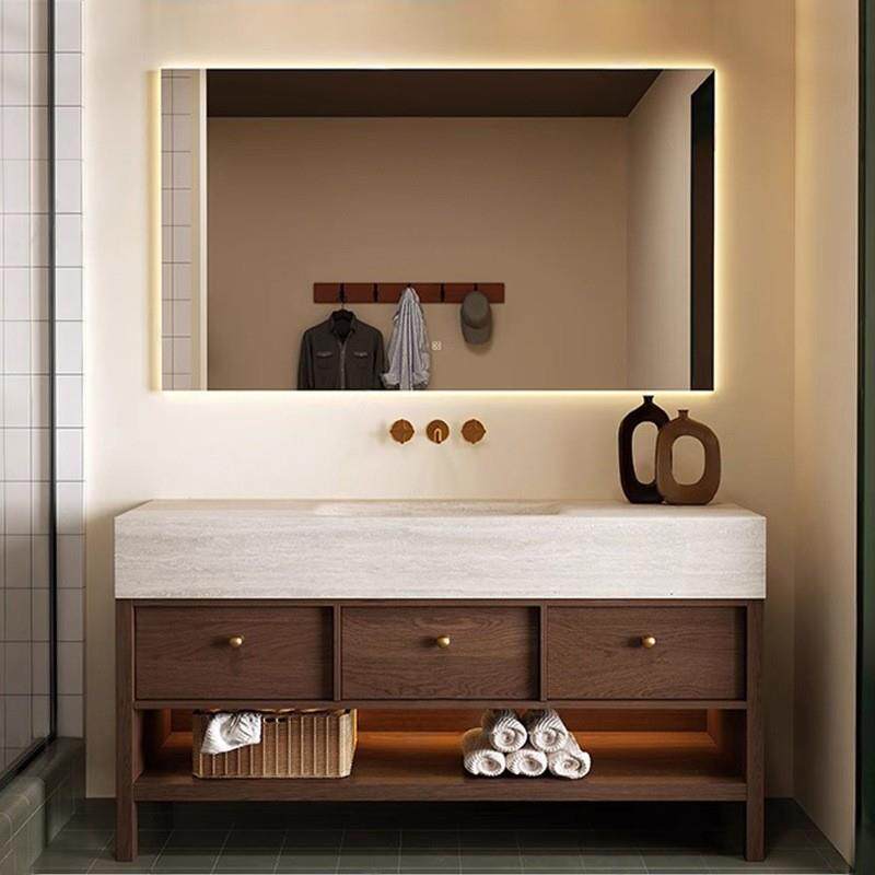 浴室柜组合中古风胡桃色岩板热弯一体盆卫生间洗手洗脸池洗漱台盆