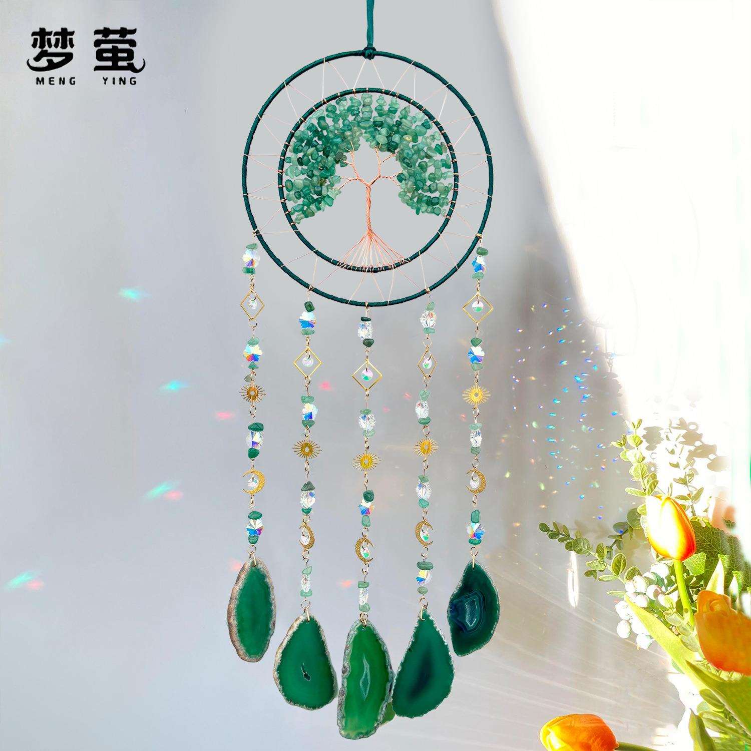 亚马逊热卖天然玛瑙片绿东陵碎石生命树水晶挂件太阳捕手房间装饰