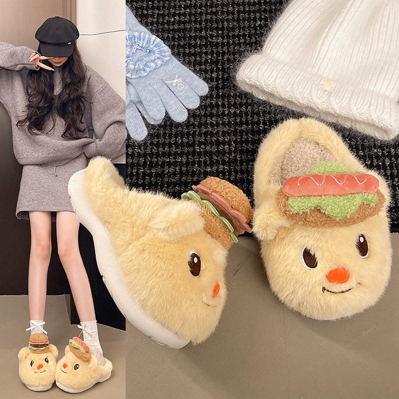 新款秋冬季小熊爱卡通厚底棉拖鞋女小众家居加绒外穿毛毛拖鞋
