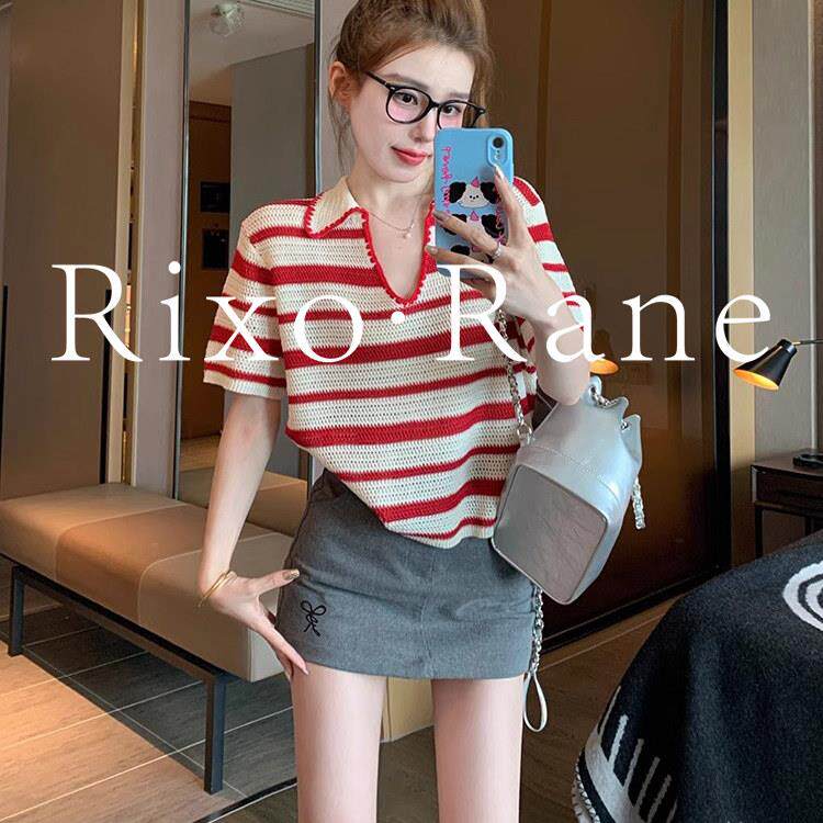 法国Rixo Rane ?红色条纹v领针织短袖t恤女夏polo领正肩百搭上衣