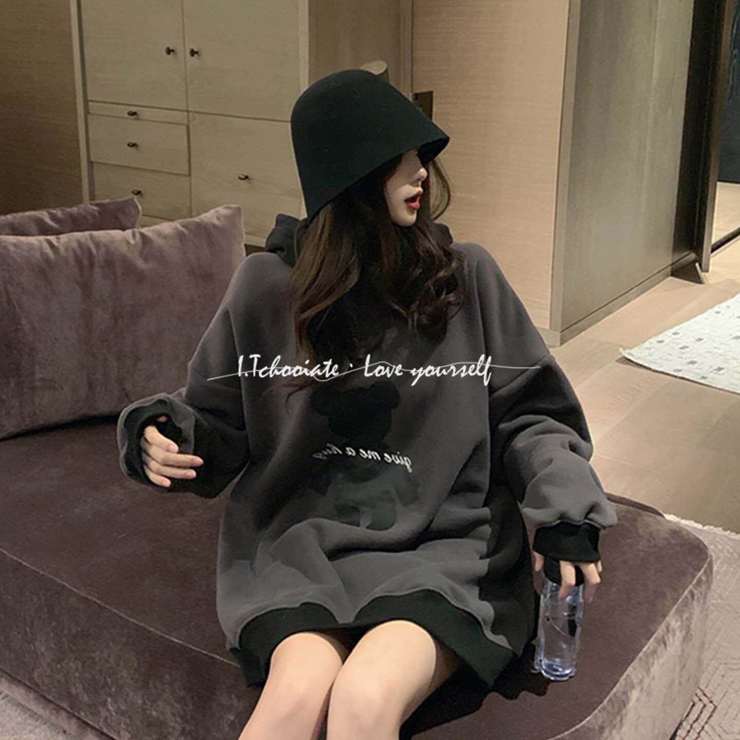 I.Tchooiate灰色连帽卫衣女2025秋款宽松高端中长款加绒加厚减龄