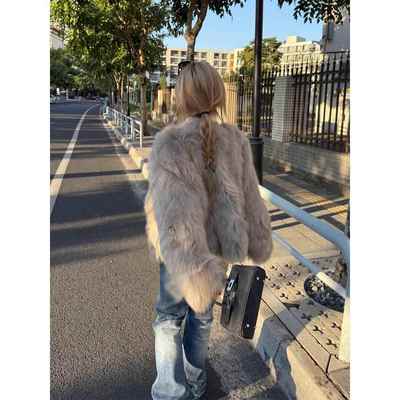 彷狐狸毛皮草外套女冬季短款高级时尚加厚渐染v领气质毛茸茸上衣