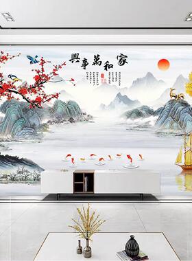 新中式电视背景墙壁布3d立体壁画客厅山水画壁纸影视墙布自粘墙纸