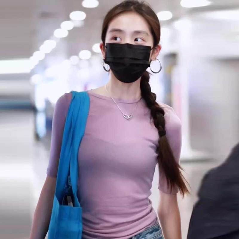黄多多同款韩系粉紫色短袖T恤女2025秋季新款修身显瘦打底衫上衣