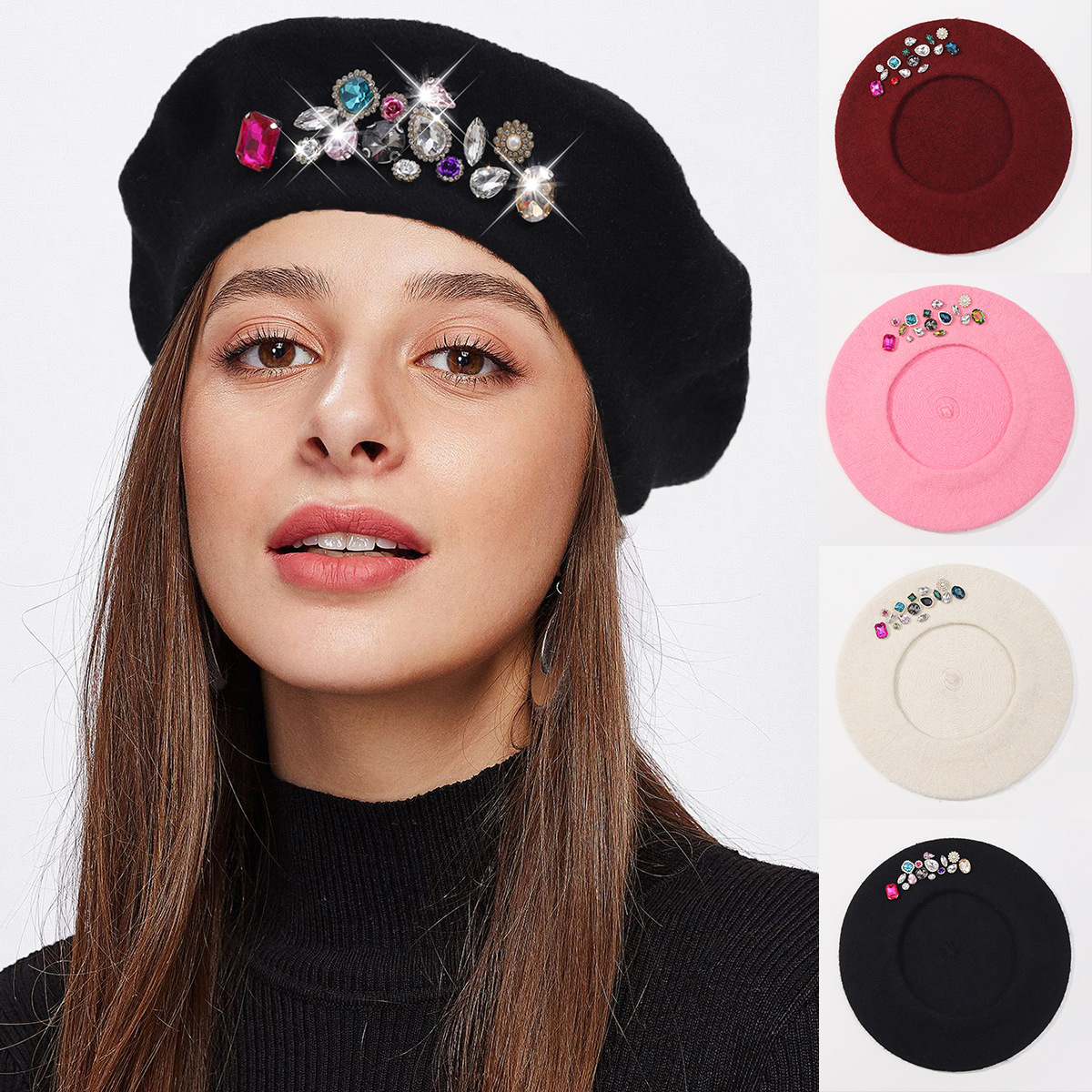 新品秋冬女士羊毛呢画家帽韩版百搭帽子水钻贝雷帽时尚八角帽潮帽