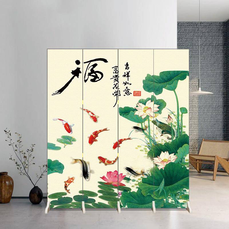 入户玄关屏风隔断客厅卧室遮挡家用新中式门口九鱼图可移动折叠屏
