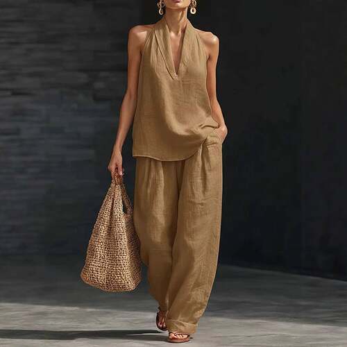 2026 Womens Linen Set 2-Piece Halter V-Neck Top High-Waist